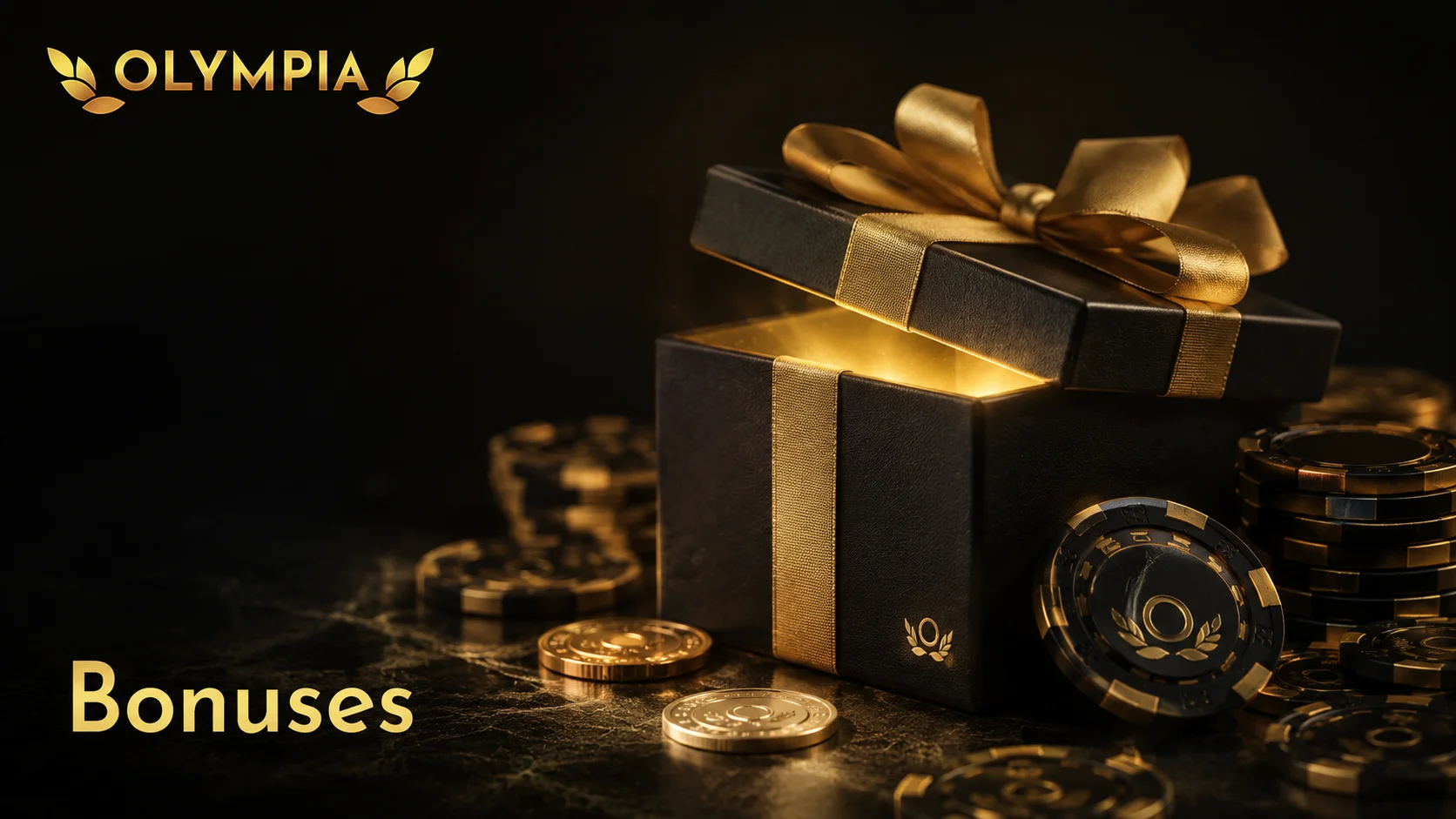 Olympia Casino Bonuses Olympia Casino Bonuses — gold gift box with coins and chips