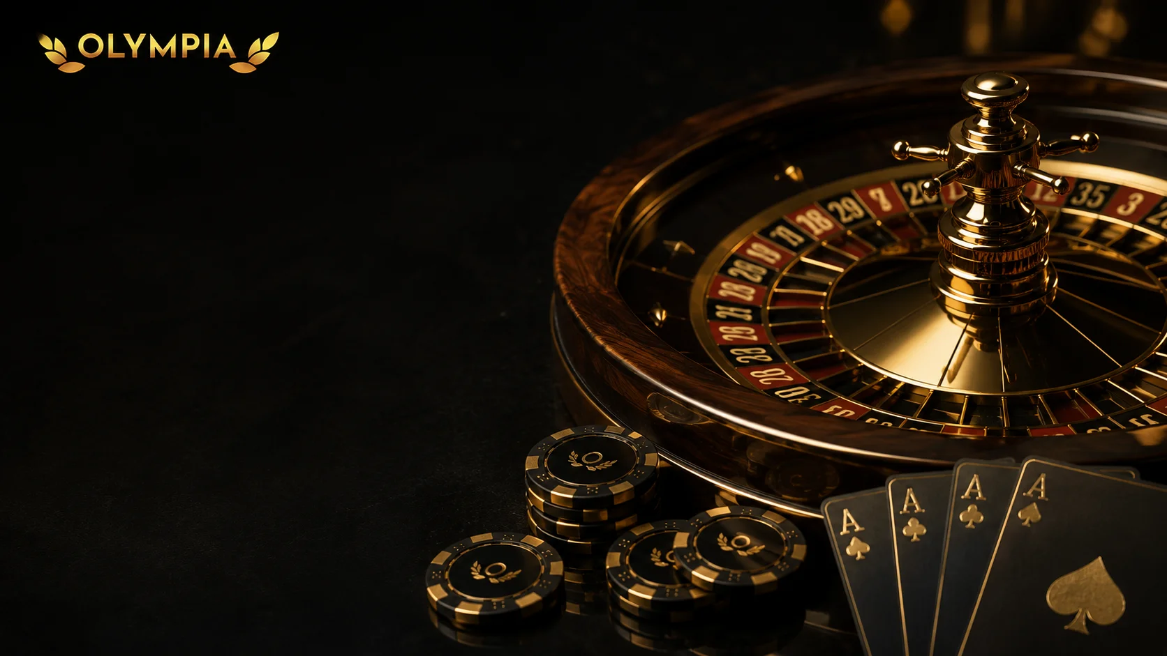 Olympia Casino Olympia Casino — gold roulette wheel, playing cards and chips
