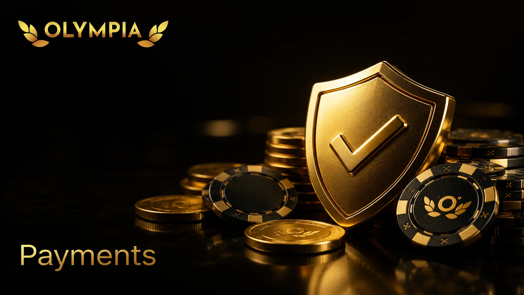 Olympia Casino Payments Olympia Casino Payments — gold shield with a checkmark beside coins and chips
