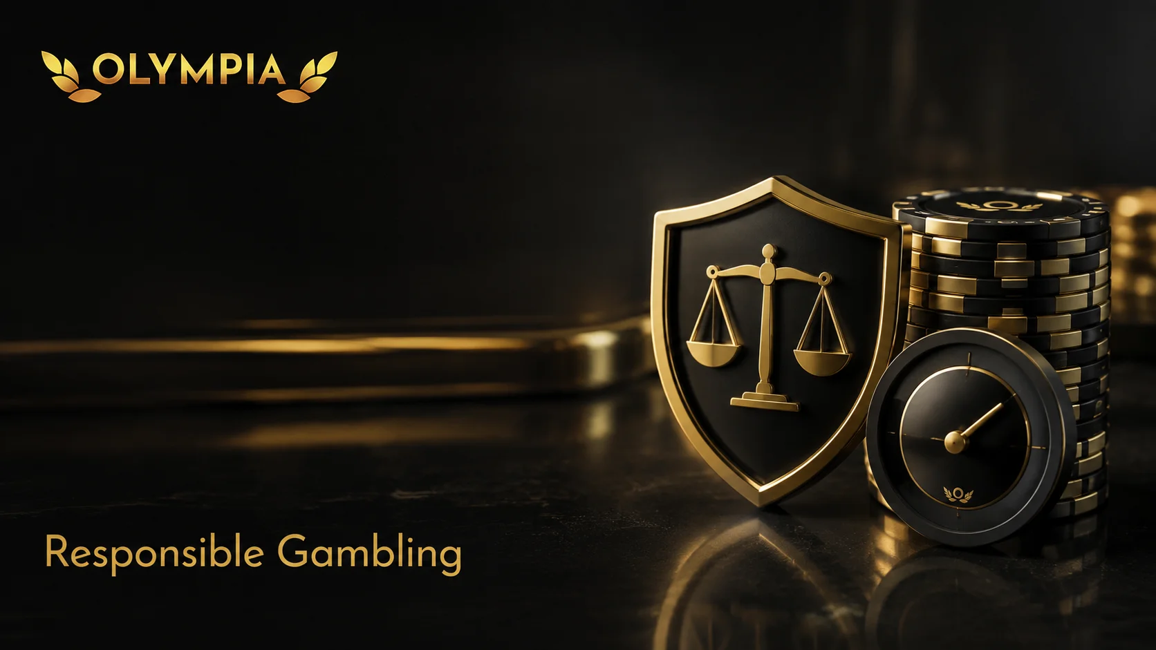 Olympia Casino Responsible Gambling Olympia Casino Responsible Gambling — gold shield with scales of justice beside a clock