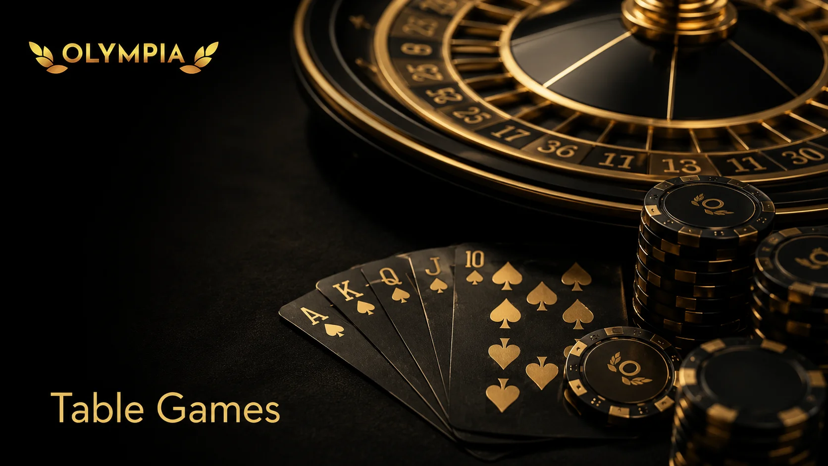 Olympia Casino Table Games Olympia Casino Table Games — roulette wheel with a royal flush hand of cards